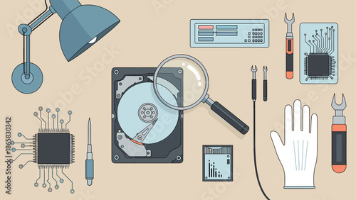 Vintage repair tools and hard drive on tech desk in linear style art