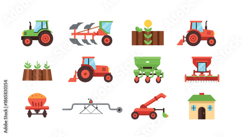 Colorful agricultural equipment and farming tools set in flat design