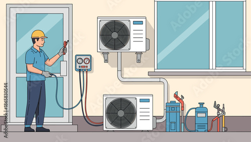 Technician adjusting air conditioning system with modern equipment outside a building