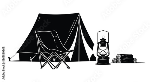 a minimalist depiction of a camping setup including a tent chair lantern and woodpile silhouette