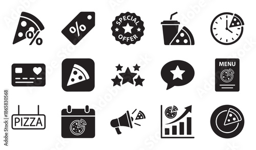 Collection of black solid glyph icons for a pizza restaurant, illustrating food delivery, special offers, discounts, menu, payment, customer ratings, and marketing promotions