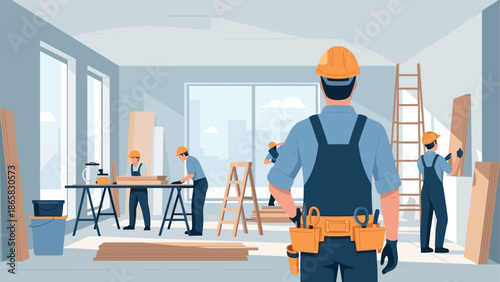 Construction workers in modern building site with safety gear and tools