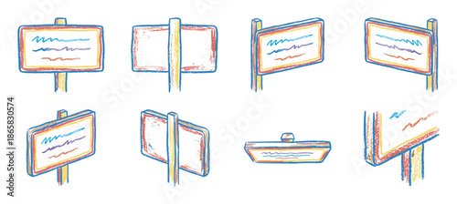 Colorful collection of hand-drawn signpost illustrations in a playful, sketchy style, featuring various blank signs with textured red, blue, and yellow outlines