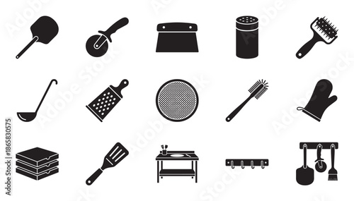 Black silhouette icons of pizza making tools and pizzeria equipment including a peel, cutter, oven mitt, and dough scraper in a minimalist vector graphic illustration set