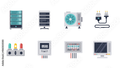 Flat style electronics icons set featuring server, fan, and control panel