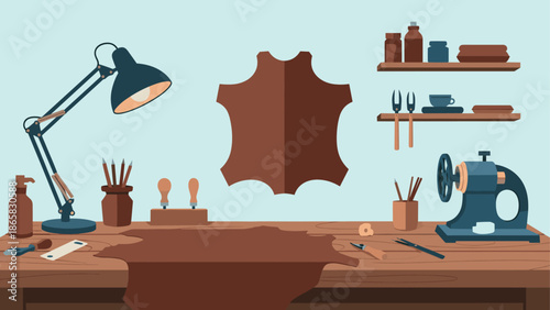 Rustic workspace for leather crafting with tools and decorations on wooden desk