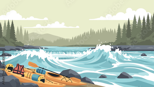 Serene river adventure: kayaking in a forested landscape with rapids