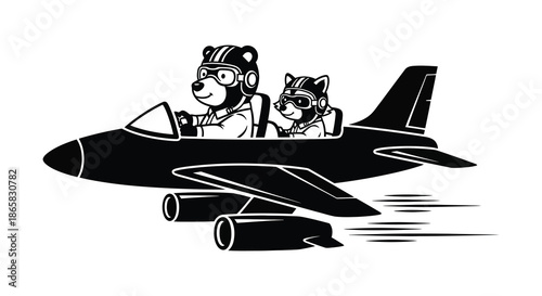 a charming black and white illustration depicts a bear and raccoon piloting a small airplane silhouette