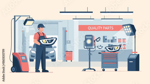 Modern auto shop with mechanic holding car part in workshop setting