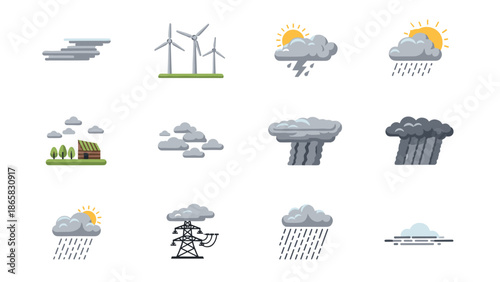 Weather icons set: renewable energy and cloud conditions