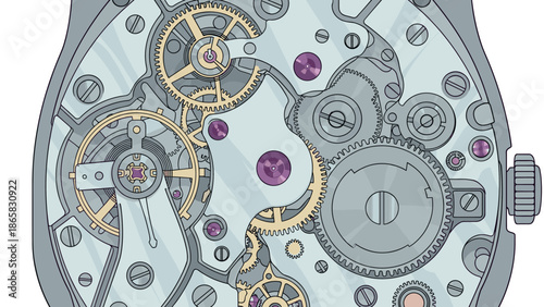 Mechanical watch movement with detailed gears and cogs in precision engineering style