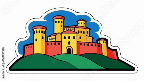 A colorful cartoon castle stands atop rolling green hills against a bright blue sky