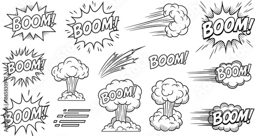 Explosion bomb icon set. Cartoon vector collection of colorful boom and bang effects. Comic blast designs. Dynamite detonation, smoke cloud, and fire burst illustration.