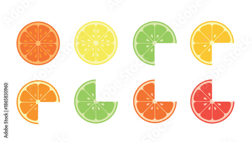 Colorful citrus slices set with various cut styles in flat design