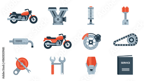 Motorcycle parts and tools set in flat modern style for maintenance and repair concepts