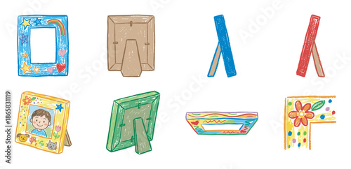 Collection of colorful hand-drawn picture frames in a cute crayon style, showing various angles and decorations like stars, hearts, and a portrait of a boy with his pets