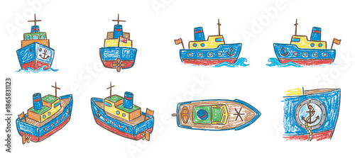 Collection of colorful hand-drawn boat illustrations in a childlike crayon style, showing various ships from different perspectives including front, side, and top-down views