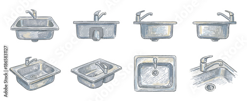 Set of eight stainless steel kitchen sinks with faucets, illustrated in a colorful hand-drawn sketch style from multiple perspectives like front, side, and top-down views
