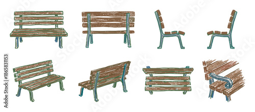 Set of hand-drawn wooden park bench illustrations with a metal frame, showcasing multiple perspectives including front, back, side, top, and detailed isometric views