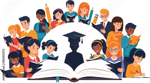 Diverse group of happy students reading books surrounding a silhouette of a graduate beneath a graduation cap symbolizing academic achievement and learning success.