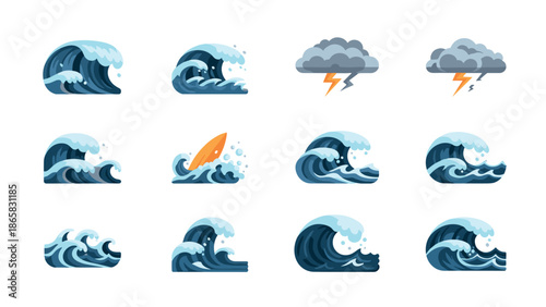 Flat style ocean waves and storm clouds with surfboard icons