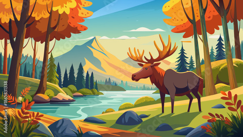 Moose standing near forest lake during autumn