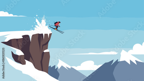 Thrilling ski jump off cliff in scenic mountain landscape with clear blue sky
