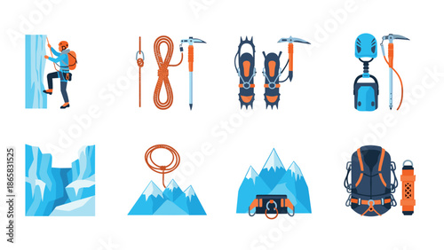 Ice climbing essential gear icons: adventurous, linear style for outdoor enthusiasts