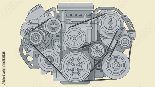 Detailed engineering drawing of a car engine