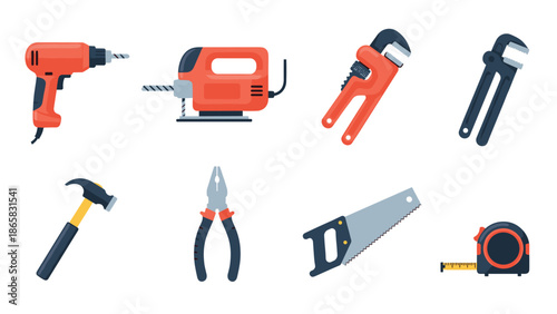 Essential hand and power tools in flat design for construction and diy projects