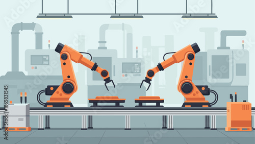 Robotic arms in modern factory interior setting with advanced automation