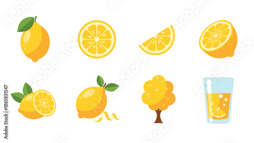 Fresh citrus collection featuring lemons and lemonade in colorful flat style