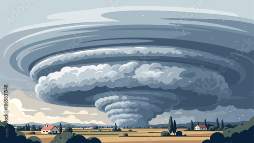 Cyclone cloud formation over rural landscape with farmhouses