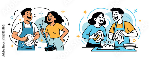 Young hispanic couple joyfully cleaning and washing dishes together at home