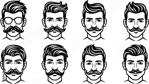 Man face portrait with full beard moustache and haircut black silhouette vector