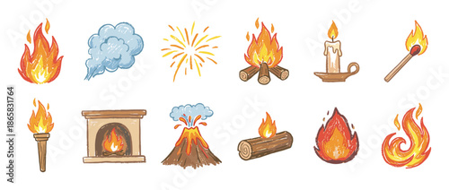 Set of hand-drawn fire icons including a campfire, volcano, candle, match, torch, and fireplace, all created in a charming crayon sketch doodle style
