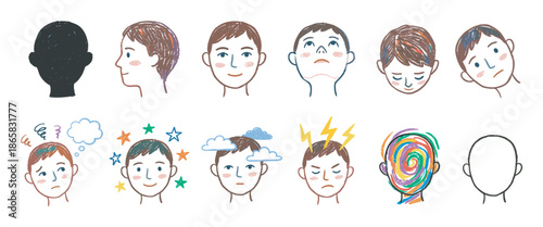 Hand-drawn illustration set of human heads expressing a range of emotions and mental health states like happiness, sadness, anger, confusion, and anxiety in a simple crayon style