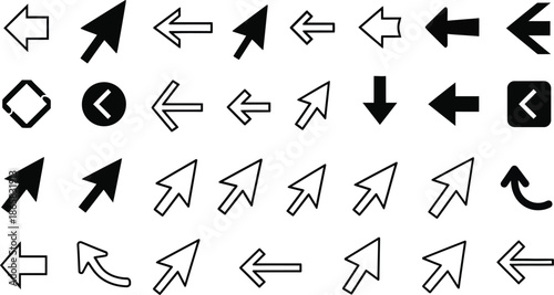 Various bold brush drawn curved arrows. Collection doodle marker thick arrows in different directions. Hand drawn vector direction pointers.