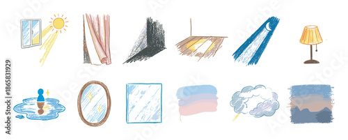 Charming set of hand-drawn illustrations depicting light, shadow, reflection, and weather phenomena like sun, moon, and clouds in a cute, sketchy crayon style for design concepts