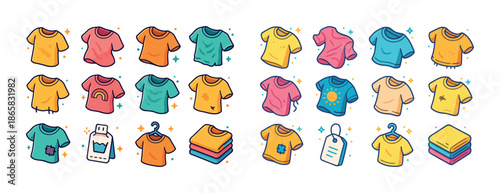 Cartoon colorful t-shirts collection with icons and tags