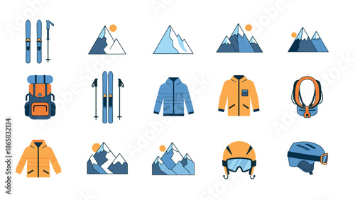 Winter sports gear and mountain icons set in flat design style