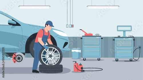 Mechanic balancing car wheel in garage with tools and equipment