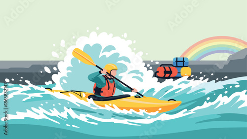 Colorful kayaking adventure with splashing waves and rainbow in the background