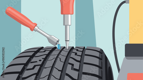 Tire repair scene with tools in modern flat design art style