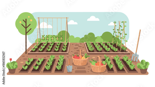 Community garden scene with vegetables and gardening tools in a flat design