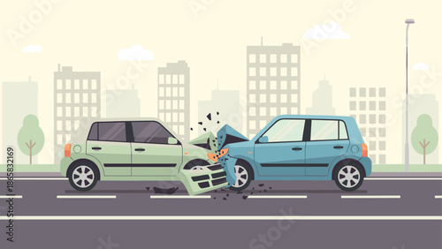 Urban car accident scene with two crashed vehicles on city street