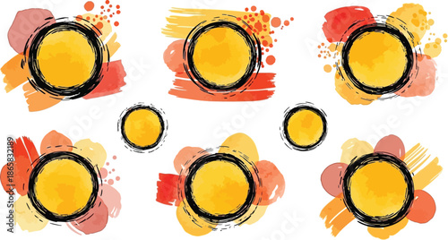 Abstract geometric background with circles triangles and brush strokes design