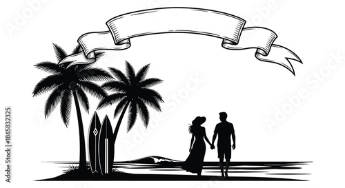 a romantic couple walking on a beach with palm trees and a ribbon banner silhouette