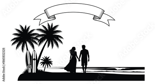 a romantic beach scene with palm trees a couple walking and a banner all in silhouette