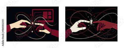 Human and robot hands touching with spark of connection